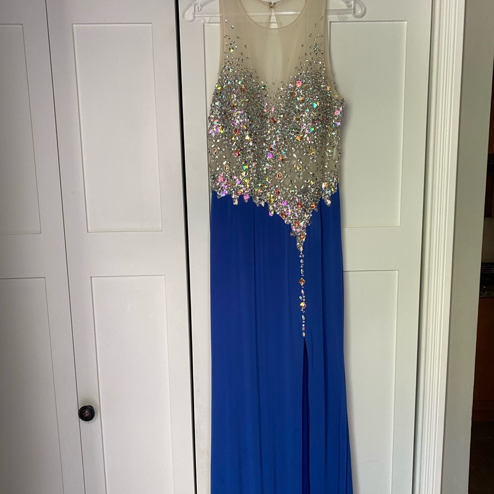 Long blue rhinestone prom dress with slit